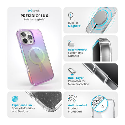 Various close-ups of case are shown. Text reads Speck Presidio Lux MagSafe: Experience Lux - special materials and designs, built for MagSafe, bezels protect screen and camera, dual-layer perimeter for more protection, antimicrobial product protection#color_amazing-purple-clear