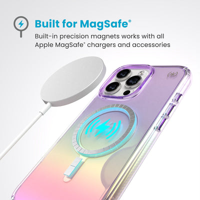 A MagSafe charger hovers over the back of the phone case. Text reads Built for MagSafe: Built-in precision magnets works with all Apple MagSafe chargers and accessories#color_amazing-purple-clear