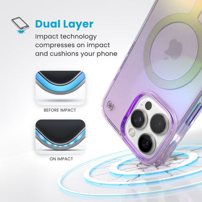 A corner of the case impacts the ground - a diagram shows interior cushion of phone before impact and on impact. Text reads Dual Layer: Impact technology compresses on impact and cushions your phone#color_amazing-purple-clear