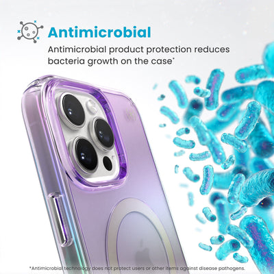 Bacteria is shown around phone case but not on it. Text reads Antimicrobial: Antimicrobial product protection reduces bacteria growth on the case (Antimicrobial technology does not protect users or other items against disease pathogens)#color_amazing-purple-clear