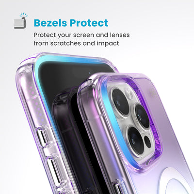 Raised bezels around phone screen and camera are highlighted. Text reads Bezels Protect: Protect your screen and lenses from scratches and impact#color_amazing-purple-clear