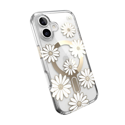 Tilted slight perspective view of back of phone case with phone inside#color_sunshine-daisies-clear