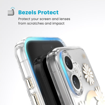 Raised bezels around phone screen and camera are highlighted. Text reads Bezels Protect: Protect your screen and lenses from scratches and impact#color_sunshine-daisies-clear