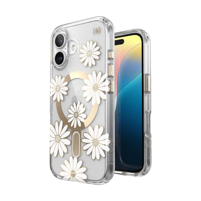 Three-quarter view of back of phone case with phone inside shown over top of front view of phone case with phone inside#color_sunshine-daisies-clear