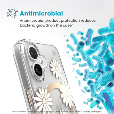 Bacteria is shown around phone case but not on it. Text reads Antimicrobial: Antimicrobial product protection reduces bacteria growth on the case (Antimicrobial technology does not protect users or other items against disease pathogens)#color_sunshine-daisies-clear