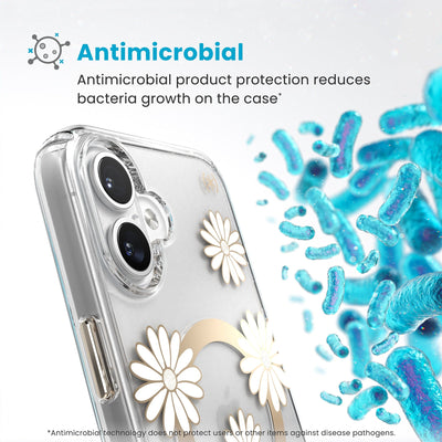 Bacteria is shown around phone case but not on it. Text reads Antimicrobial: Antimicrobial product protection reduces bacteria growth on the case (Antimicrobial technology does not protect users or other items against disease pathogens)#color_sunshine-daisies-clear