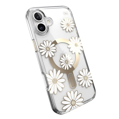 Tilted slight perspective view of back of phone case with phone inside#color_sunshine-daisies-clear