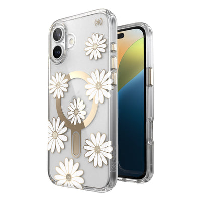 Three-quarter view of back of phone case with phone inside shown over top of front view of phone case with phone inside#color_sunshine-daisies-clear