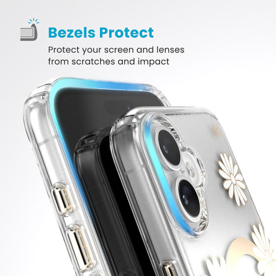 Raised bezels around phone screen and camera are highlighted. Text reads Bezels Protect: Protect your screen and lenses from scratches and impact#color_sunshine-daisies-clear