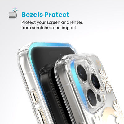 Raised bezels around phone screen and camera are highlighted. Text reads Bezels Protect: Protect your screen and lenses from scratches and impact#color_sunshine-daisies-clear