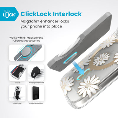 A ClickLock Wallet accessory hovers over the back of the phone case with interlock bolt extended and arrow pointing to bolt receptacle in case. Text reads ClickLock interlock: MagSafe enhancer locks your phone into place. Works with all MagSafe and ClickLock accessories#color_sunshine-daisies-clear