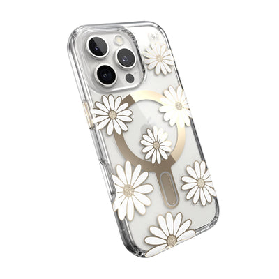 Tilted slight perspective view of back of phone case with phone inside#color_sunshine-daisies-clear