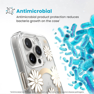 Bacteria is shown around phone case but not on it. Text reads Antimicrobial: Antimicrobial product protection reduces bacteria growth on the case (Antimicrobial technology does not protect users or other items against disease pathogens)#color_sunshine-daisies-clear