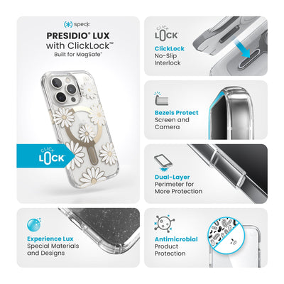 Various close-ups of case are shown. Text reads Speck Presidio Lux Glitter MagSafe with ClickLock: Built for MagSafe, experience Lux - special materials and designs, ClickLock no-slip interlock, bezels protect screen and camera, dual-layer perimeter for more protection, antimicrobial product protection#color_sunshine-daisies-clear