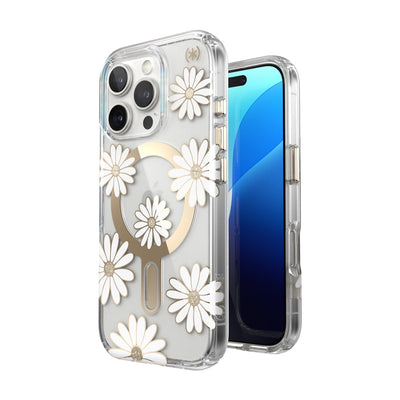 Three-quarter view of back of phone case with phone inside shown over top of front view of phone case with phone inside#color_sunshine-daisies-clear