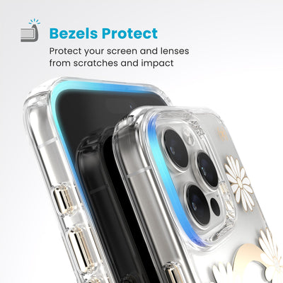 Raised bezels around phone screen and camera are highlighted. Text reads Bezels Protect: Protect your screen and lenses from scratches and impact#color_sunshine-daisies-clear