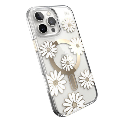 Tilted slight perspective view of back of phone case with phone inside#color_sunshine-daisies-clear