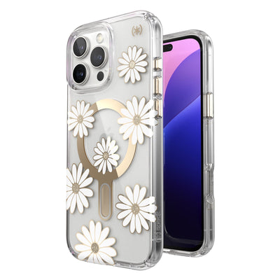 Three-quarter view of back of phone case with phone inside shown over top of front view of phone case with phone inside#color_sunshine-daisies-clear