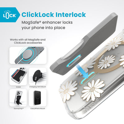 A ClickLock Wallet accessory hovers over the back of the phone case with interlock bolt extended and arrow pointing to bolt receptacle in case. Text reads ClickLock interlock: MagSafe enhancer locks your phone into place. Works with all MagSafe and ClickLock accessories#color_sunshine-daisies-clear