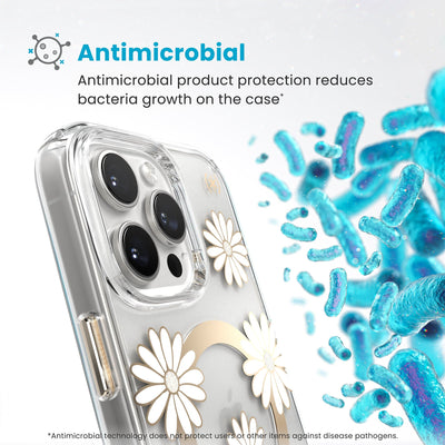 Bacteria is shown around phone case but not on it. Text reads Antimicrobial: Antimicrobial product protection reduces bacteria growth on the case (Antimicrobial technology does not protect users or other items against disease pathogens)#color_sunshine-daisies-clear