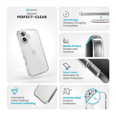 Various close-ups of case are shown. Text reads Speck Presidio Perfect-Clear: Innovative clear coating prevents yellowing, slim design - wireless charging compatible, bezels protect screen and camera, dual-layer perimeter for more protection, antimicrobial product protection#color_clear