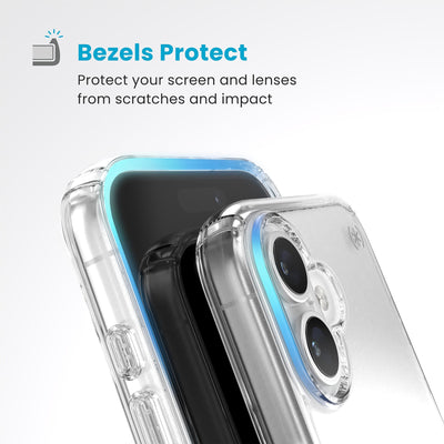 Raised bezels around phone screen and camera are highlighted. Text reads Bezels Protect: Protect your screen and lenses from scratches and impact#color_clear