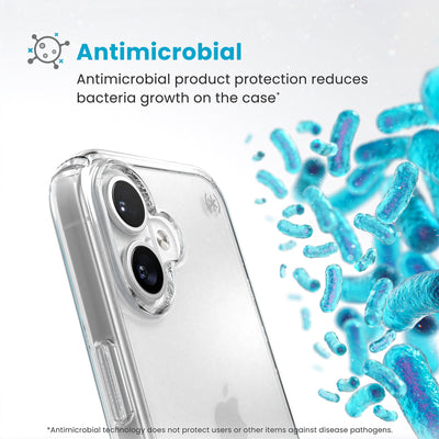 Bacteria is shown around phone case but not on it. Text reads Antimicrobial: Antimicrobial product protection reduces bacteria growth on the case (Antimicrobial technology does not protect users or other items against disease pathogens)#color_clear