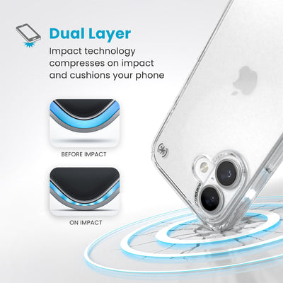 A corner of the case impacts the ground - a diagram shows interior cushion of phone before impact and on impact. Text reads Dual Layer: Impact technology compresses on impact and cushions your phone#color_clear