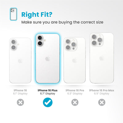 All four phones are shown - iPhone 16 Plus 6.7-inch display is highlighted. Text reads Right fit? Make sure you are buying the correct size#color_clear