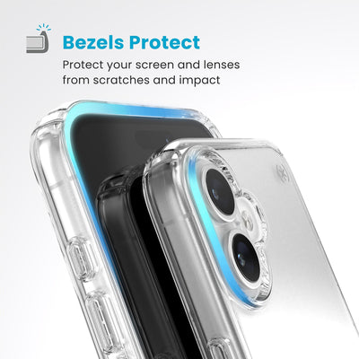 Raised bezels around phone screen and camera are highlighted. Text reads Bezels Protect: Protect your screen and lenses from scratches and impact#color_clear