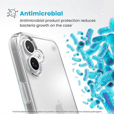 Bacteria is shown around phone case but not on it. Text reads Antimicrobial: Antimicrobial product protection reduces bacteria growth on the case (Antimicrobial technology does not protect users or other items against disease pathogens)#color_clear