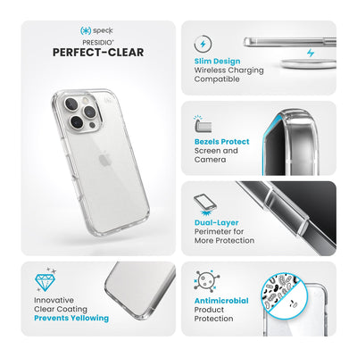 Various close-ups of case are shown. Text reads Speck Presidio Perfect-Clear: Innovative clear coating prevents yellowing, slim design - wireless charging compatible, bezels protect screen and camera, dual-layer perimeter for more protection, antimicrobial product protection#color_clear