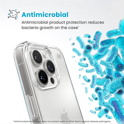 Bacteria is shown around phone case but not on it. Text reads Antimicrobial: Antimicrobial product protection reduces bacteria growth on the case (Antimicrobial technology does not protect users or other items against disease pathogens)#color_clear