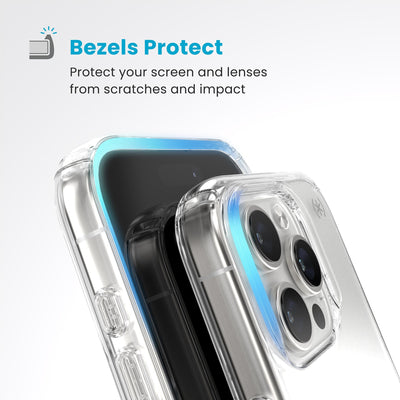 Raised bezels around phone screen and camera are highlighted. Text reads Bezels Protect: Protect your screen and lenses from scratches and impact#color_clear