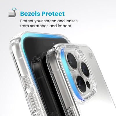 Raised bezels around phone screen and camera are highlighted. Text reads Bezels Protect: Protect your screen and lenses from scratches and impact#color_clear