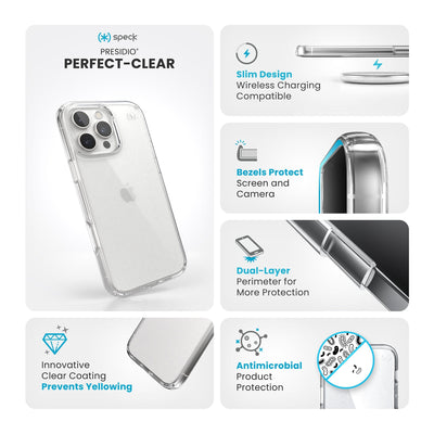 Various close-ups of case are shown. Text reads Speck Presidio Perfect-Clear: Innovative clear coating prevents yellowing, slim design - wireless charging compatible, bezels protect screen and camera, dual-layer perimeter for more protection, antimicrobial product protection#color_clear