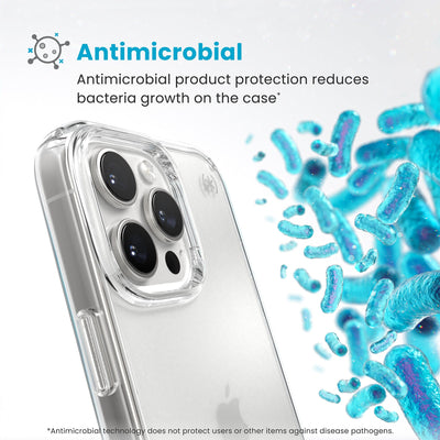 Bacteria is shown around phone case but not on it. Text reads Antimicrobial: Antimicrobial product protection reduces bacteria growth on the case (Antimicrobial technology does not protect users or other items against disease pathogens)#color_clear