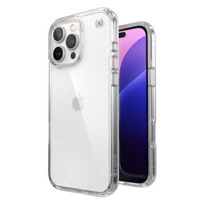 Three-quarter view of back of phone case with phone inside shown over top of front view of phone case with phone inside#color_clear