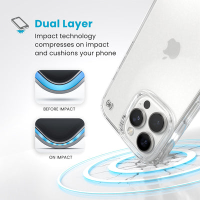 A corner of the case impacts the ground - a diagram shows interior cushion of phone before impact and on impact. Text reads Dual Layer: Impact technology compresses on impact and cushions your phone#color_clear