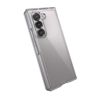 Tilted three-quarter angled view of back of fully closed fold phone in case#color_clear