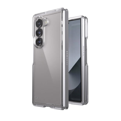 Three-quarter view of fully closed fold phone in case simultaneously shown with three-quarter front view of phone in case#color_clear