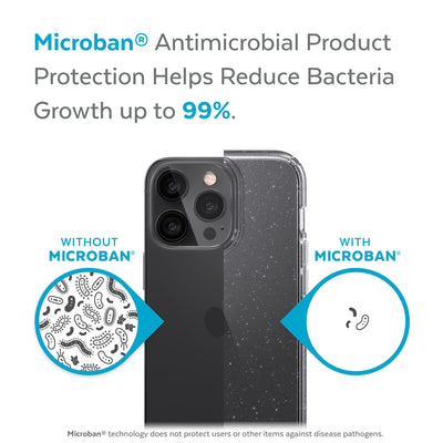 Back view, half without case, other with case, less germs on case - Microban antimicrobial product protection helps reduce bacteria growth up to 99%.#color_clear-platinum-glitter