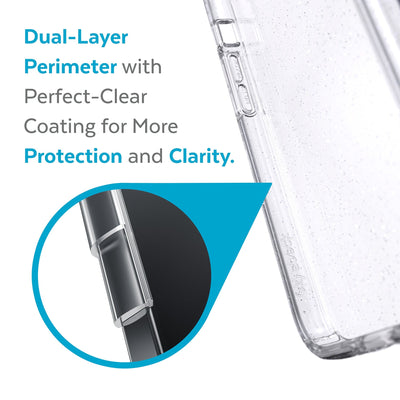 View of interior of phone case with close up on cutaway of side wall - Dual-layer perimeter with Perfect-Clear coating for more protection and clarity.#color_clear-platinum-glitter