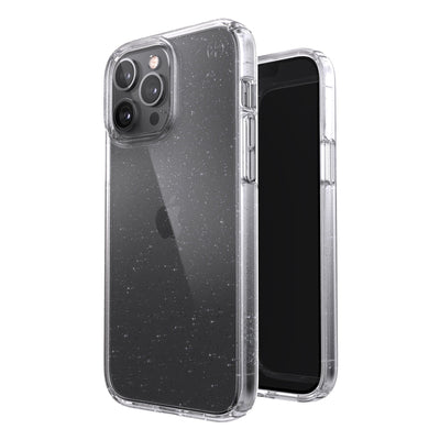 Three-quarter view of back of phone case simultaneously shown with three-quarter front view of phone case#color_clear-platinum-glitter