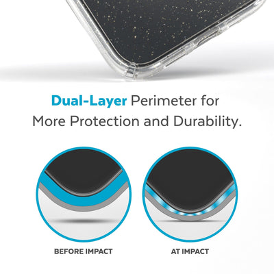 View of corner of phone case impacting ground with illustrations showing before and after impact - Dual layer perimeter for more protection and durability.#color_clear-gold-glitter