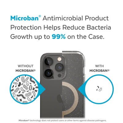 Back view, half without case, other with case, less germs on case - Microban antimicrobial product protection helps reduce bacteria growth up to 99% on the case.#color_clear-gold-glitter