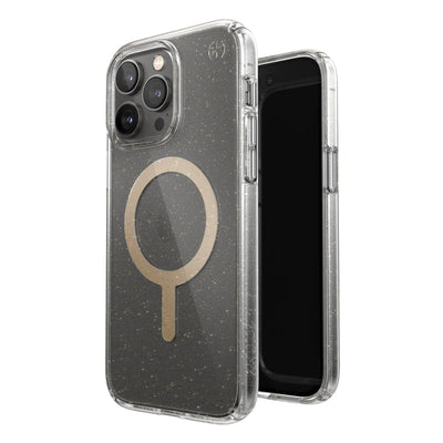 Three-quarter view of back of phone case simultaneously shown with three-quarter front view of phone case#color_clear-gold-glitter