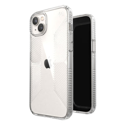 Three-quarter view of back of phone case simultaneously shown with three-quarter front view of phone case#color_clear