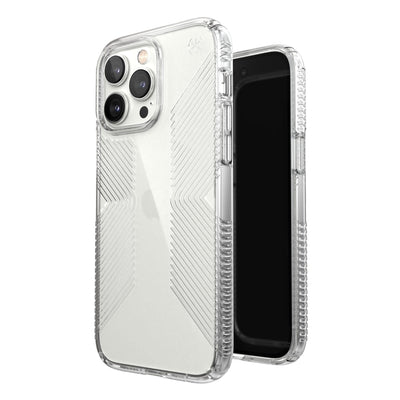 Three-quarter view of back of phone case simultaneously shown with three-quarter front view of phone case#color_clear