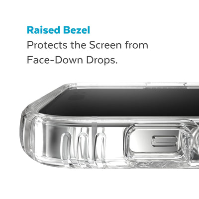 View of top of phone case laying on its back - Raised bezel protects the screen from face-down drops.#color_clear